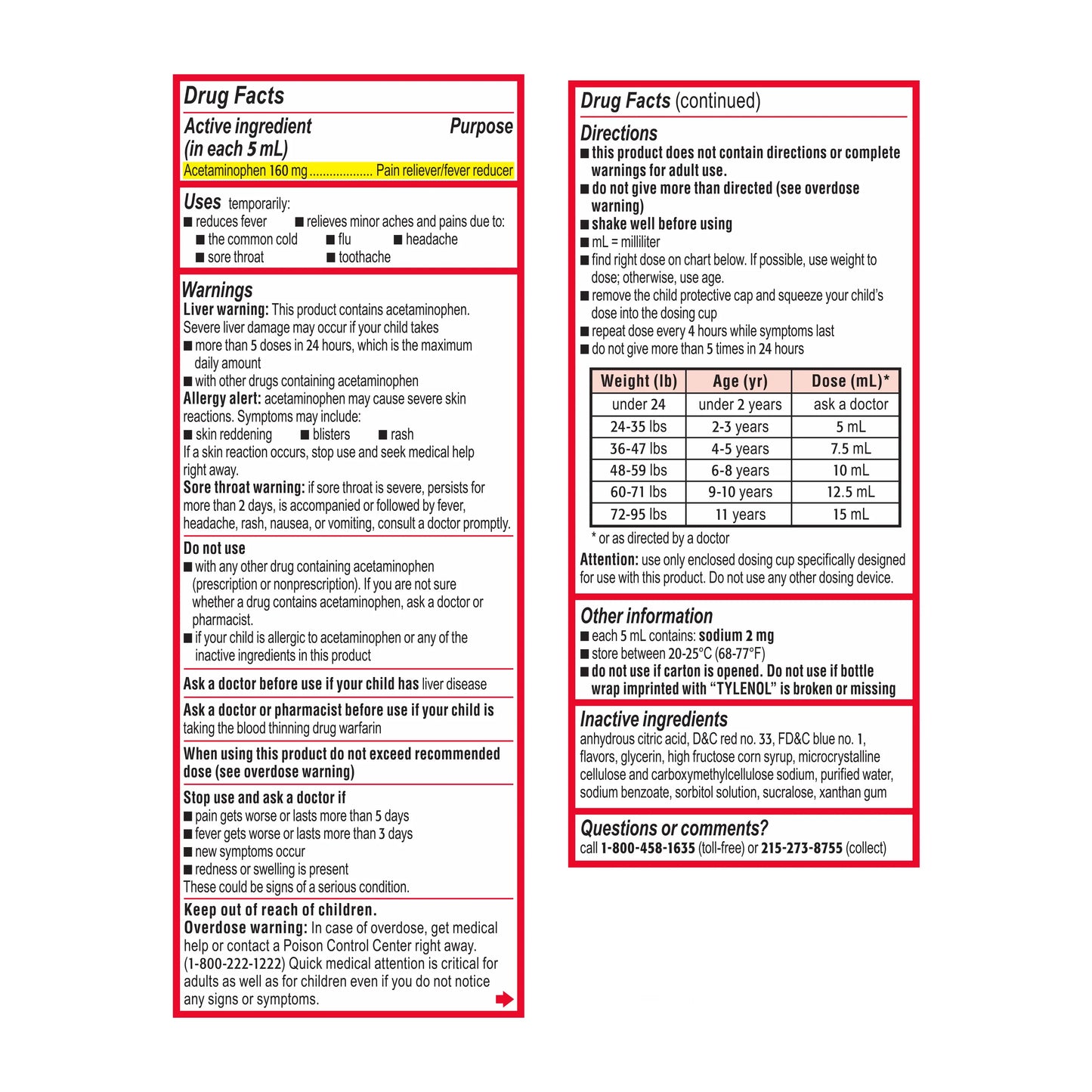 Tylenol -Acetaminophen- (Fiebre, Resfriado & Dolor) Jarabe Niños (4oz / 120ml)