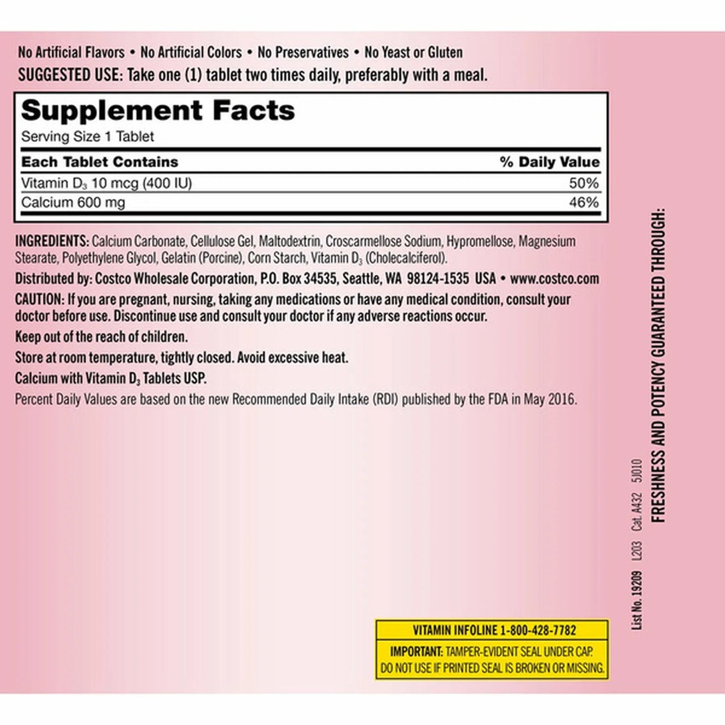 Kirkland Signature Calcio 600 mg con vitamina D3, 500 tabletas