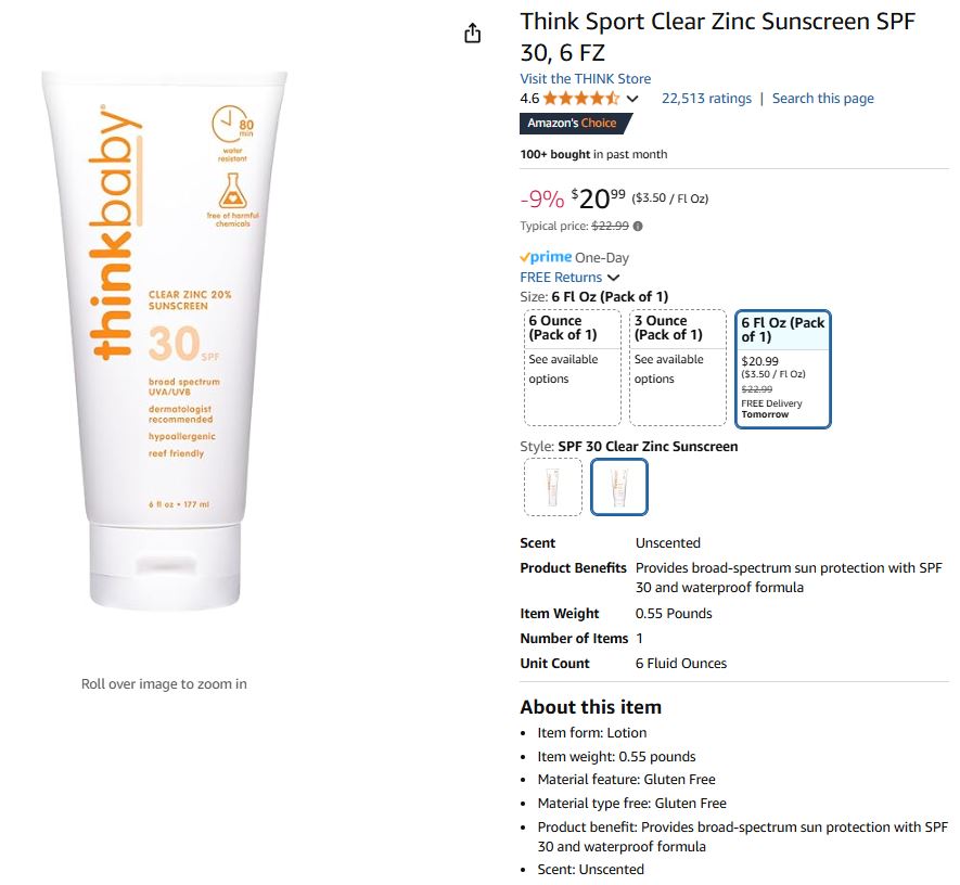 ThinkBaby Sport Clear Zinc Sunscreen SPF 30, 6oz (170gr)