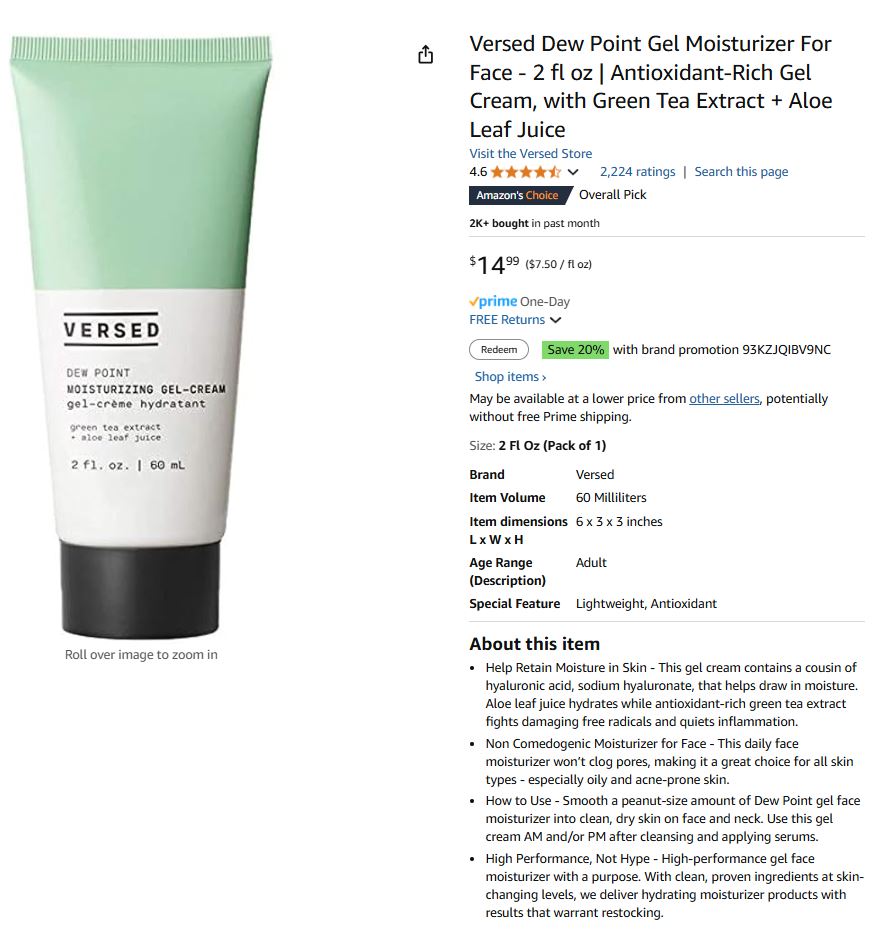 Versed Dew Point Gel Moisturizer For Face - 2 fl oz | Antioxidant-Rich Gel Cream, with Green Tea Extract + Aloe Leaf Juice